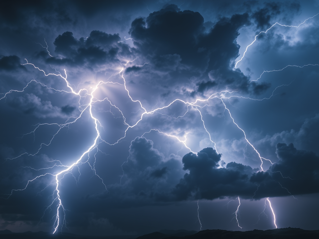 un fulger lovind solul în timpul unei furtuni de noapte