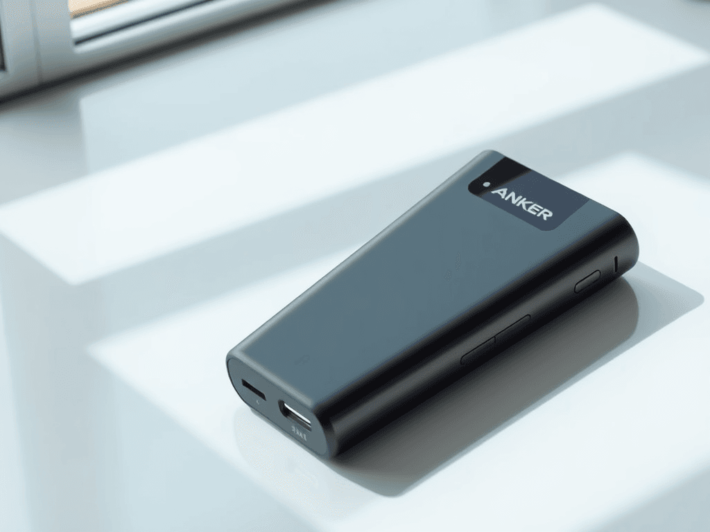 Baterie externă Anker PowerCore 10K pe un birou puțin iluminat, evidențiind porturile USB și designul compact.