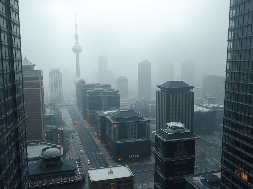 Vedere panoramică a unui oraș modern cu clădiri înalte și un peisaj urban acoperit de ceață, evidențiind atmosfera urbană și condițiile de mediu.