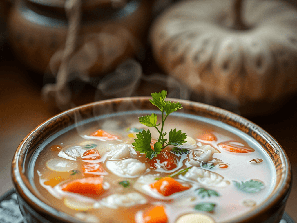 Ciorbă de perișoare cu leuștean proaspăt într-un bol