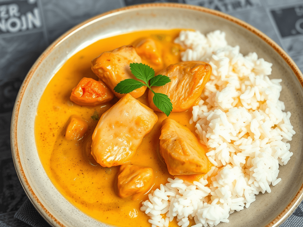 Curry thailandez cu pui și lapte de cocos, servit cu orez basmati