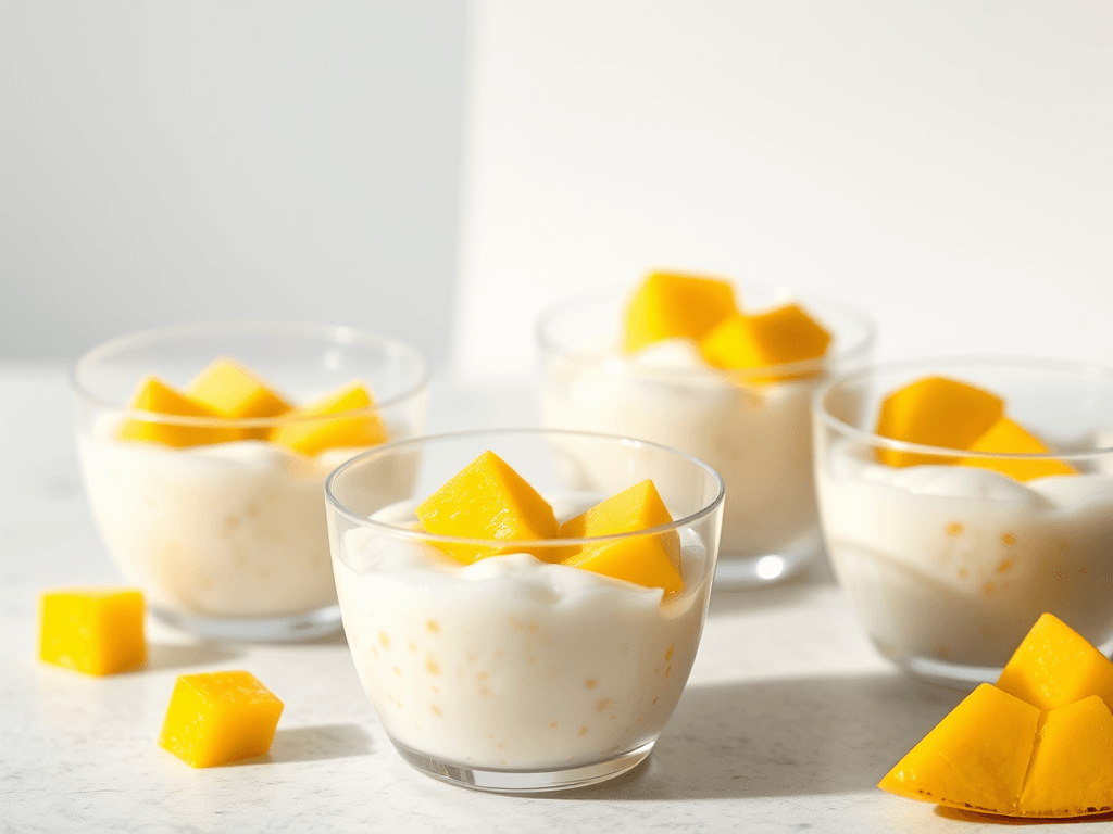 Pahare cu tapioca și lapte de cocos, decorate cu cuburi de mango