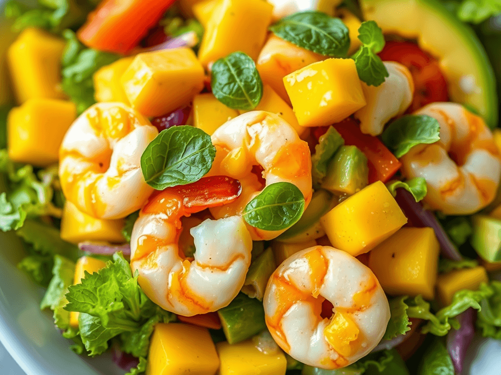 Salată tropicală cu creveți, mango și avocado, stropită cu dressing de lime