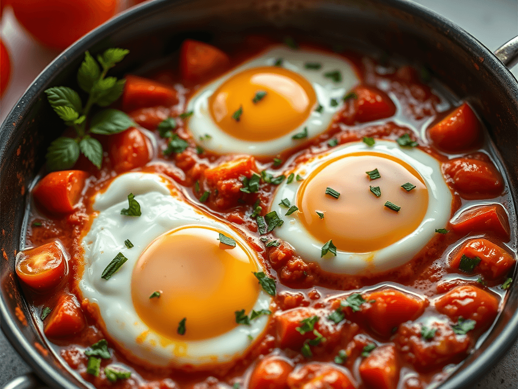 Shakshuka cu ouă poșate în sos de roșii, servită în tigaie