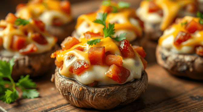 Ciuperci umplute cu bacon, roșii și cașcaval rumenite la cuptor