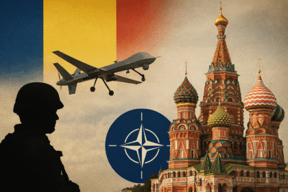 Ilustrație geopolitică cu soldat, dronă militară, steagul României, simbolul NATO și Catedrala Sf. Vasile, reprezentând tensiunile dintre România, NATO și Rusia în 2025