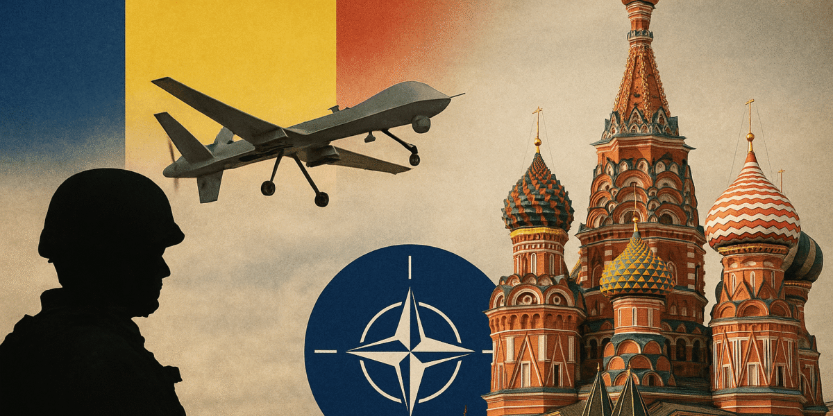 Ilustrație geopolitică cu soldat, dronă militară, steagul României, simbolul NATO și Catedrala Sf. Vasile, reprezentând tensiunile dintre România, NATO și Rusia în 2025