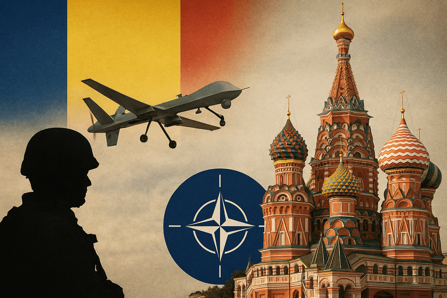 Ilustrație geopolitică cu soldat, dronă militară, steagul României, simbolul NATO și Catedrala Sf. Vasile, reprezentând tensiunile dintre România, NATO și Rusia în 2025