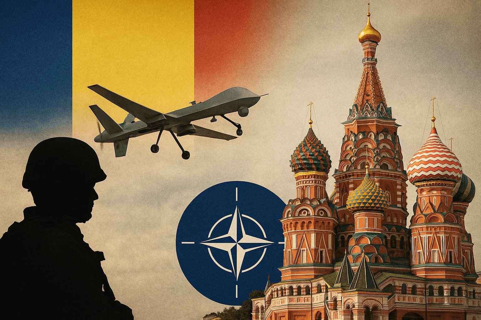 Ilustrație geopolitică cu soldat, dronă militară, steagul României, simbolul NATO și Catedrala Sf. Vasile, reprezentând tensiunile dintre România, NATO și Rusia în 2025