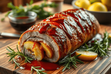 ruladă de porc cu mere caramelizate