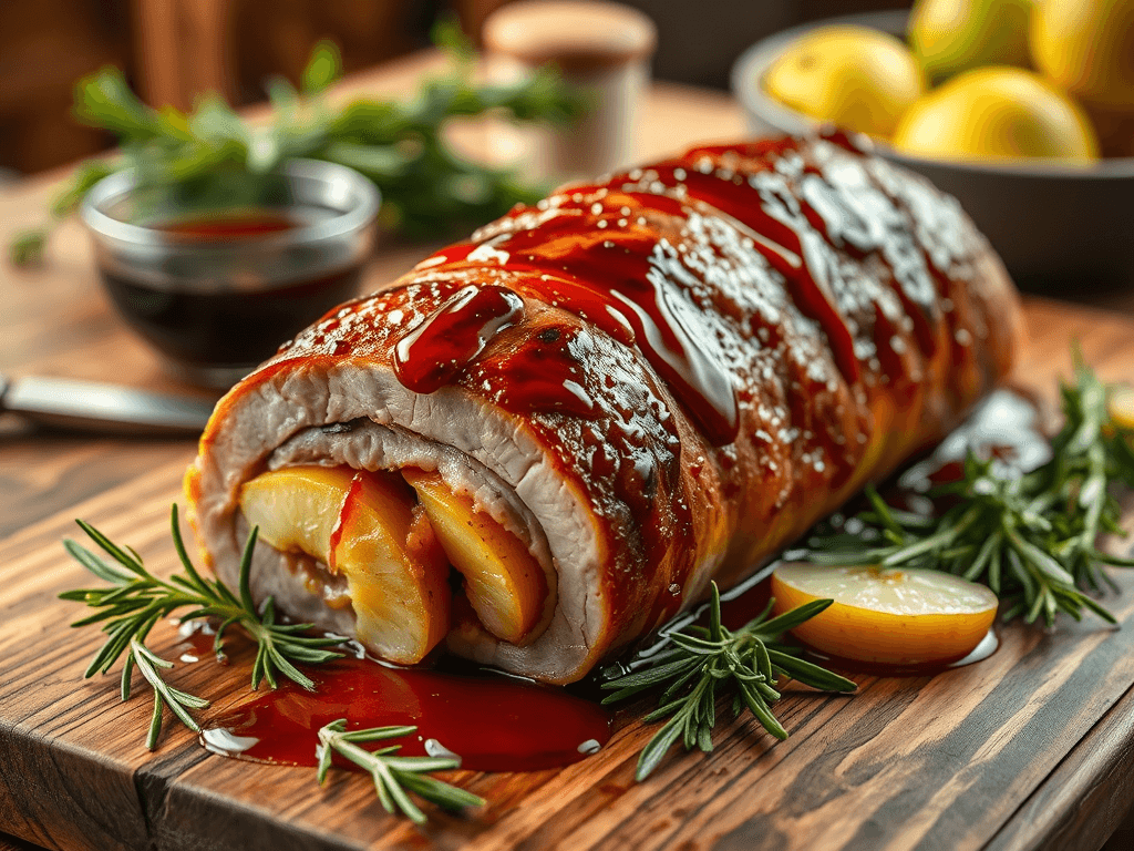 ruladă de porc cu mere caramelizate