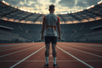 Sportiv olimpic singur pe stadion, înaintea competiției, simbol al presiunii și sacrificiului din spatele performanței