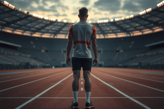 Sportiv olimpic singur pe stadion, înaintea competiției, simbol al presiunii și sacrificiului din spatele performanței