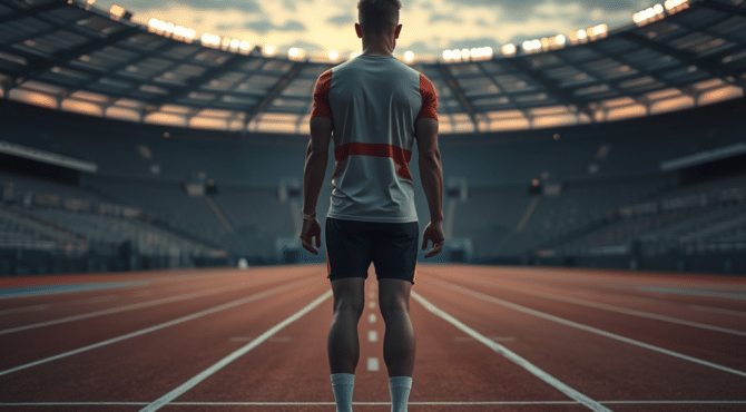 Sportiv olimpic singur pe stadion, înaintea competiției, simbol al presiunii și sacrificiului din spatele performanței