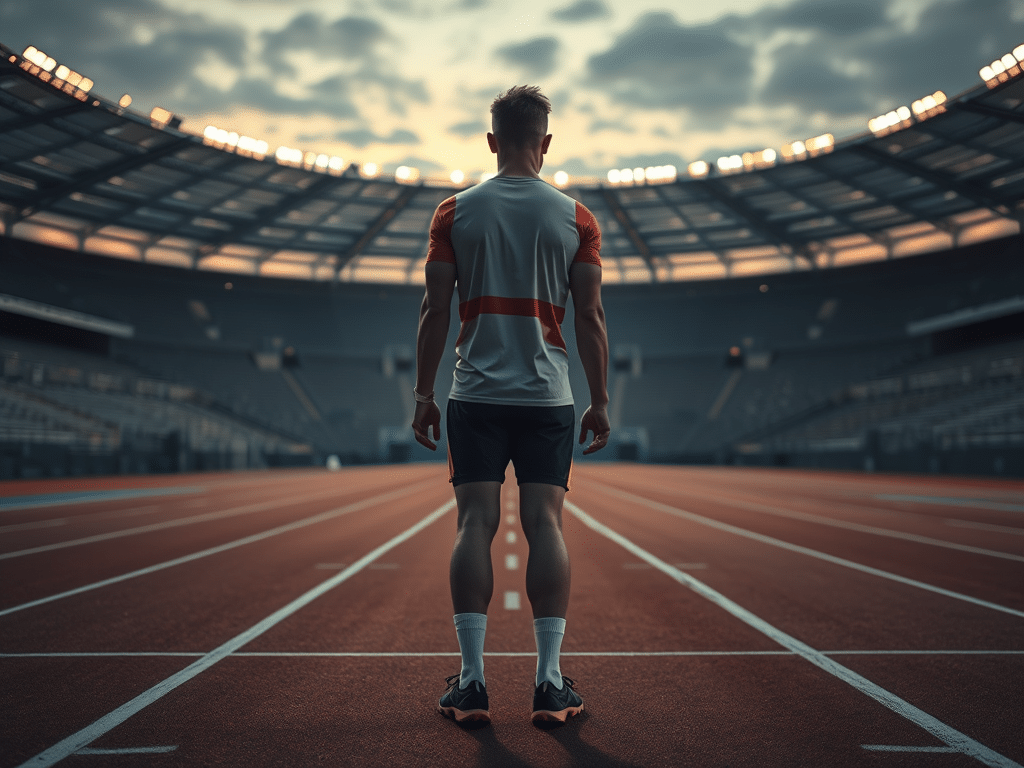 Sportiv olimpic singur pe stadion, înaintea competiției, simbol al presiunii și sacrificiului din spatele performanței