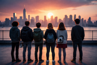 Tineri privind orașul la apus, simbol al unei generații care pune alte întrebări despre viitor și identitate