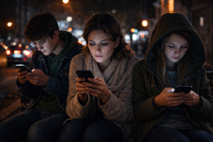 Tineri absorbiți de telefoane într-un oraș noaptea – simbol al vieții trăite mai mult online decât offline