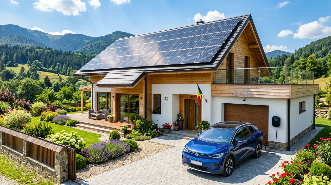 invertor panouri fotovoltaice instalat într-o casă modernă cu sistem solar și mașină electrică