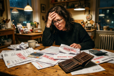 greșeli financiare care te țin sărac, persoană stresată analizând facturi și bani