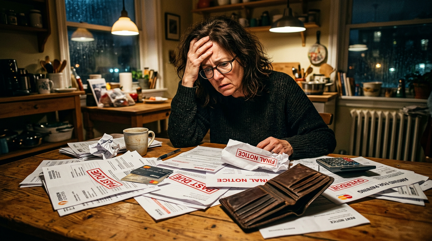 greșeli financiare care te țin sărac, persoană stresată analizând facturi și bani